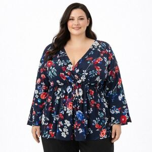 Kiyonna Navy Floral Surplice Empire Waist Bell Sleeve Top Plus Size 5X USA